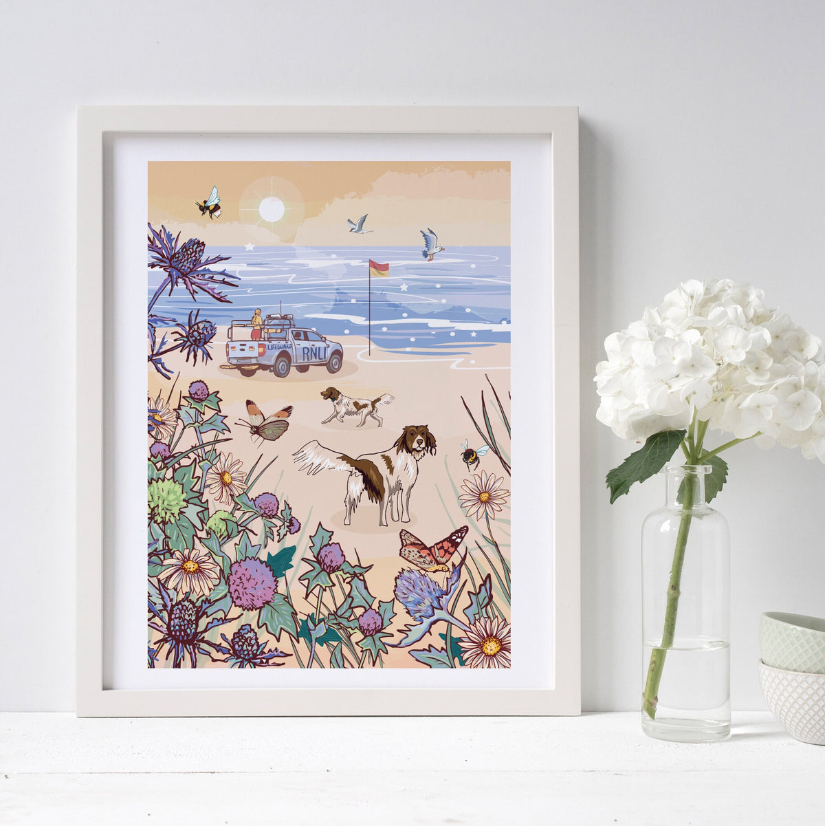 Dogs on the Beach Wall Art Print, View From Sand Dunes Illustration Print