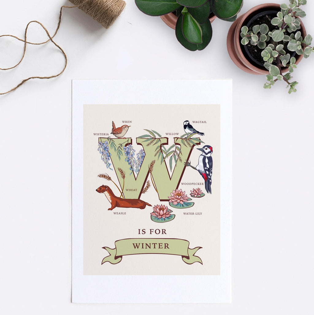 W - Personalised Letter W Print, Initial W Wall Art, Nature Guide Monogram Illustration