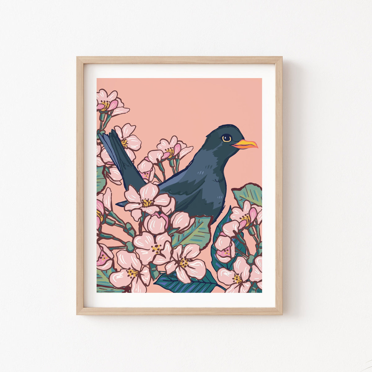 Blackbird in the Cherry Blossom Wall Art Print