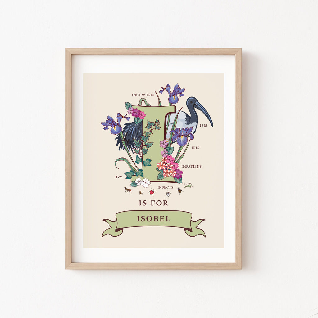 I - Personalised Letter I Print, Initial I Wall Art, Nature Guide Monogram Illustration