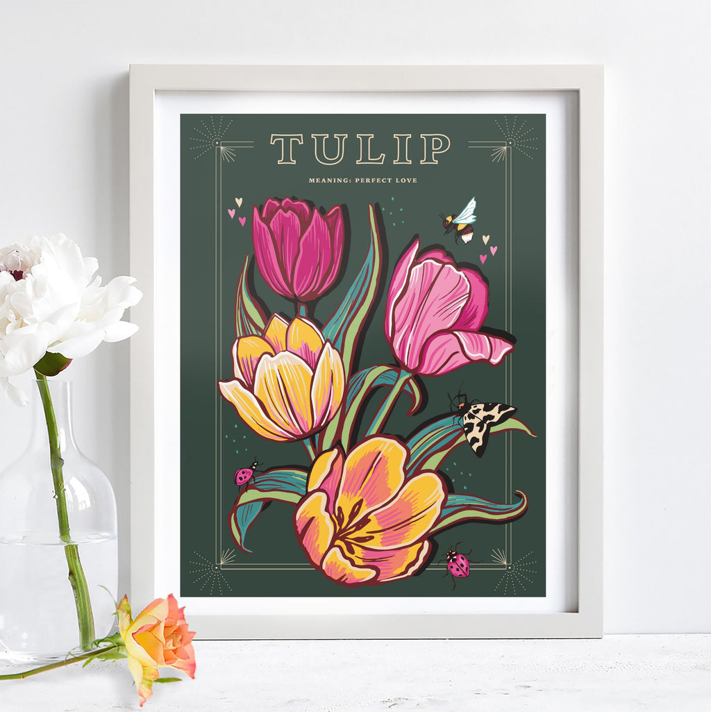 Tulip Wall Art Print, Meaning of Flowers Vintage Seed Packet Style Illustration Print