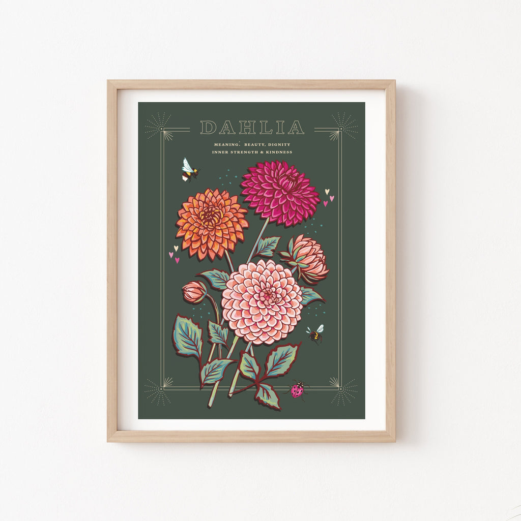 Dahlia Wall Art Print, Flower Meaning Illustration Print