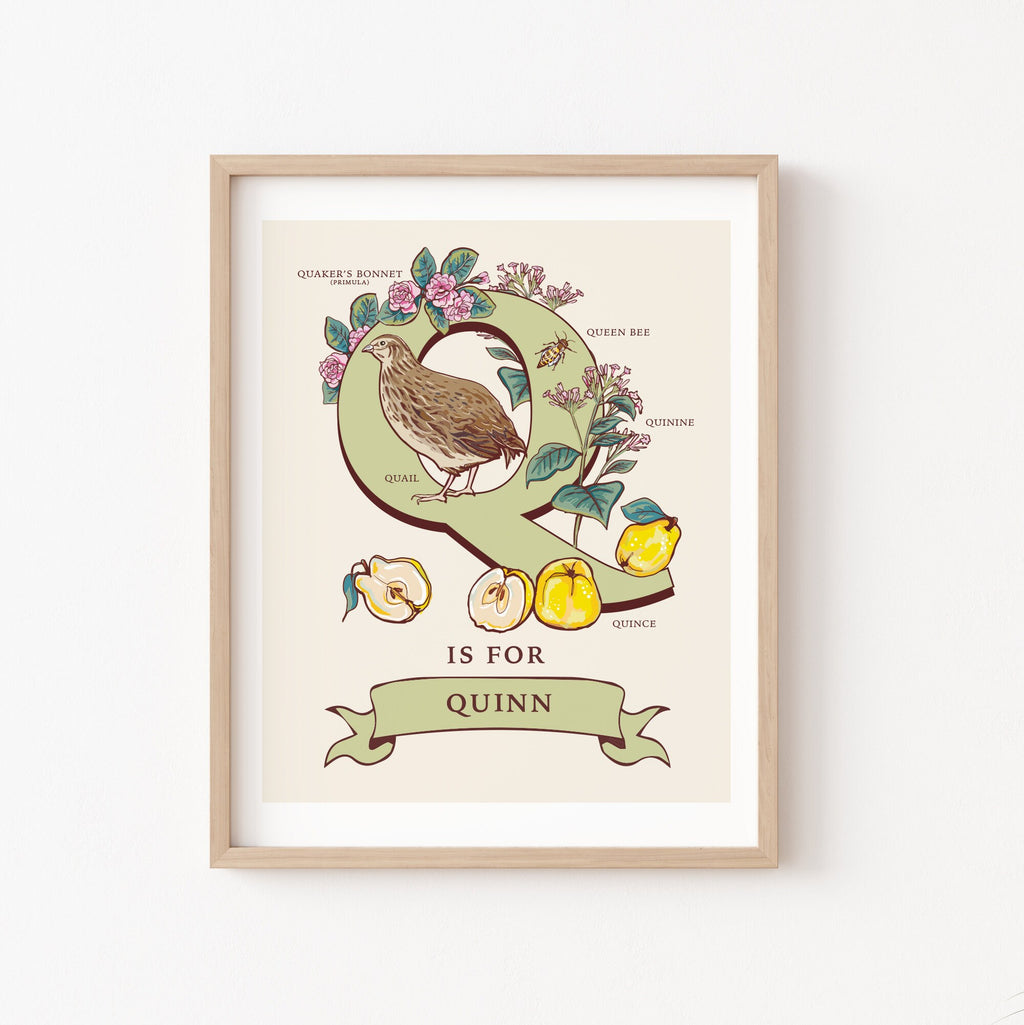 Q - Personalised Letter Q Print, Initial Q Wall Art, Nature Guide Monogram Illustration
