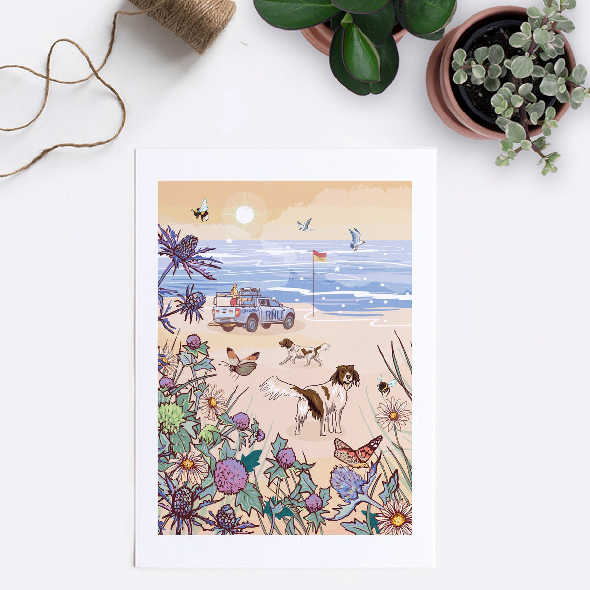 Dogs on the Beach Wall Art Print, View From Sand Dunes Illustration Print
