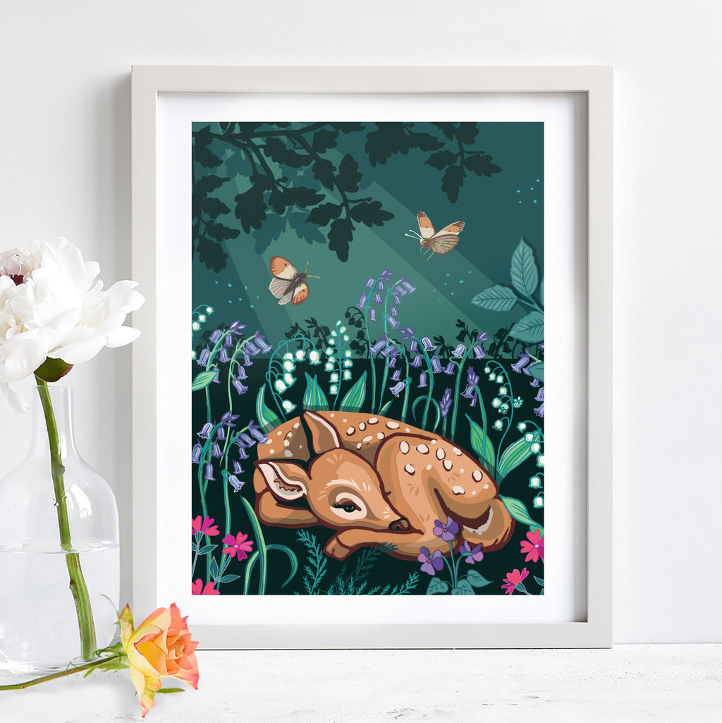 Sleepy Fawn Wall Art Print, Bluebell Woodland Animal Illustration Print