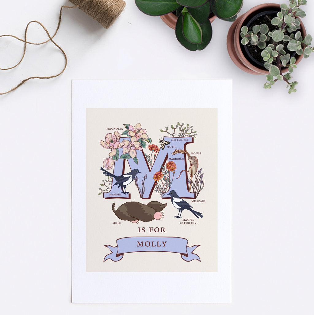 M - Personalised Letter M Print, Initial M Wall Art, Nature Guide Monogram Illustration