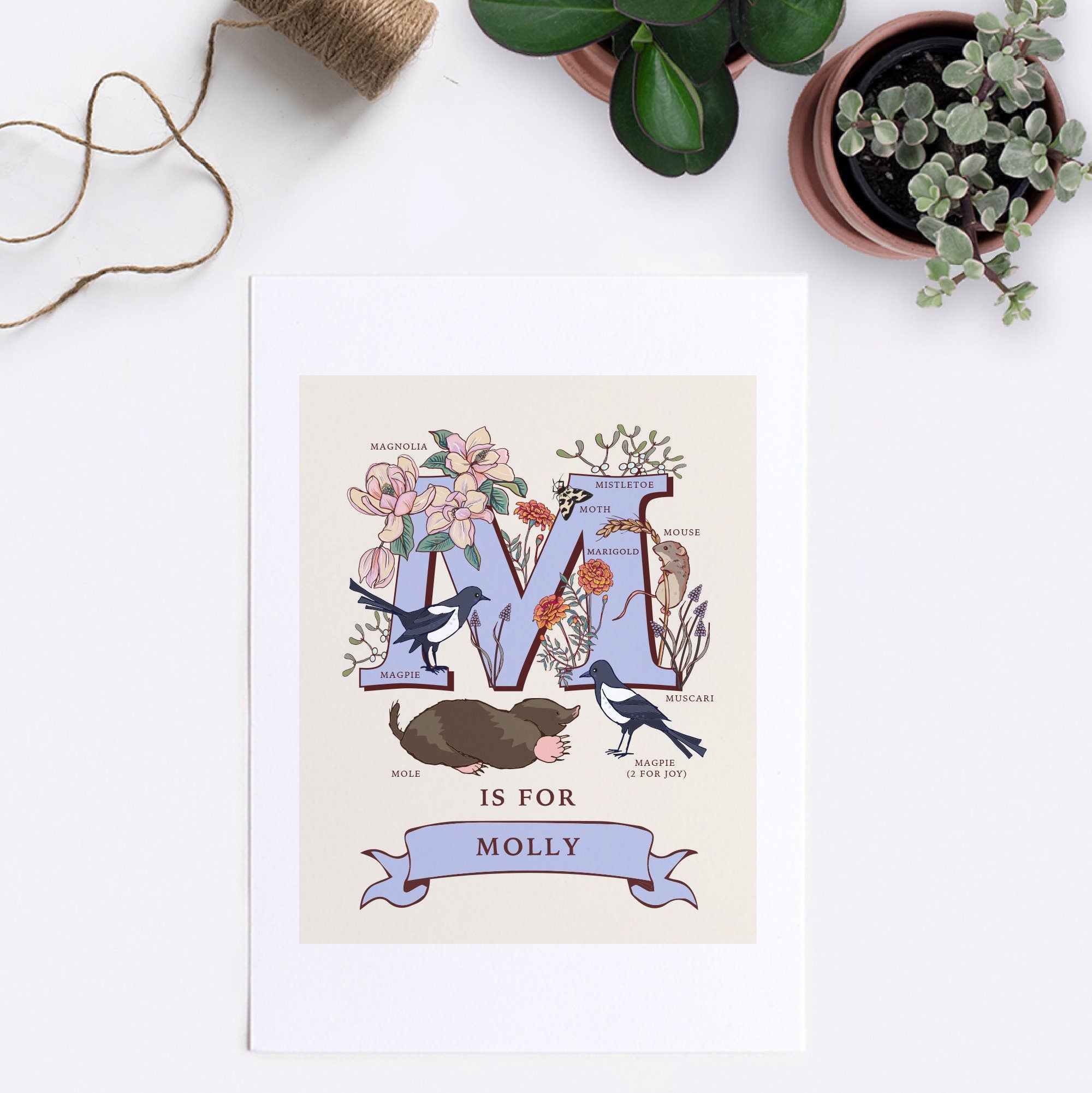 M - Personalised Letter M Print, Initial M Wall Art, Nature Guide Monogram Illustration