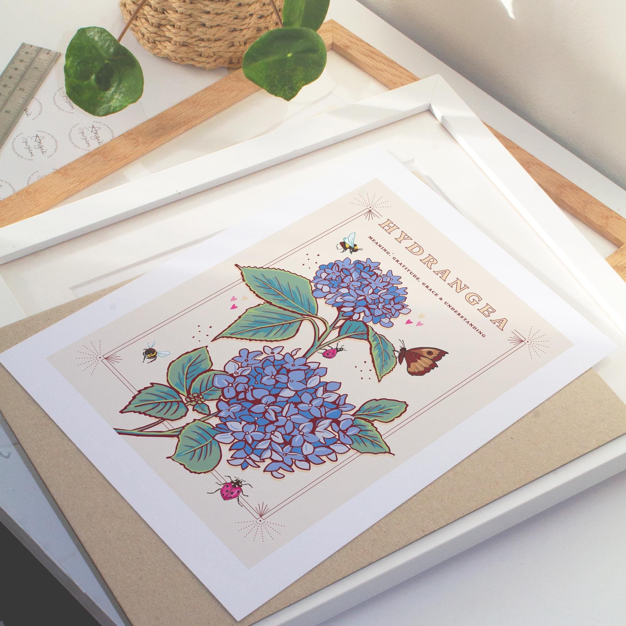 Hydrangea Wall Art Print, Grace & Gratitude Flower Illustration Print