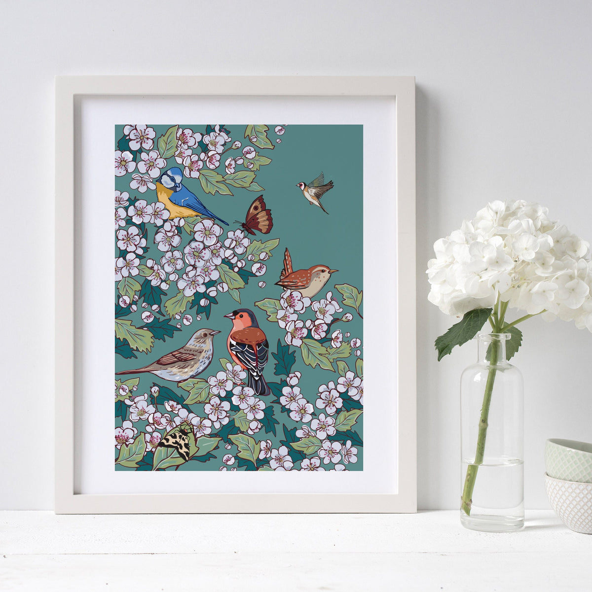Hawthorn Blossom Bird Print: Blue Tit, Wren, Chaffinch Illustration