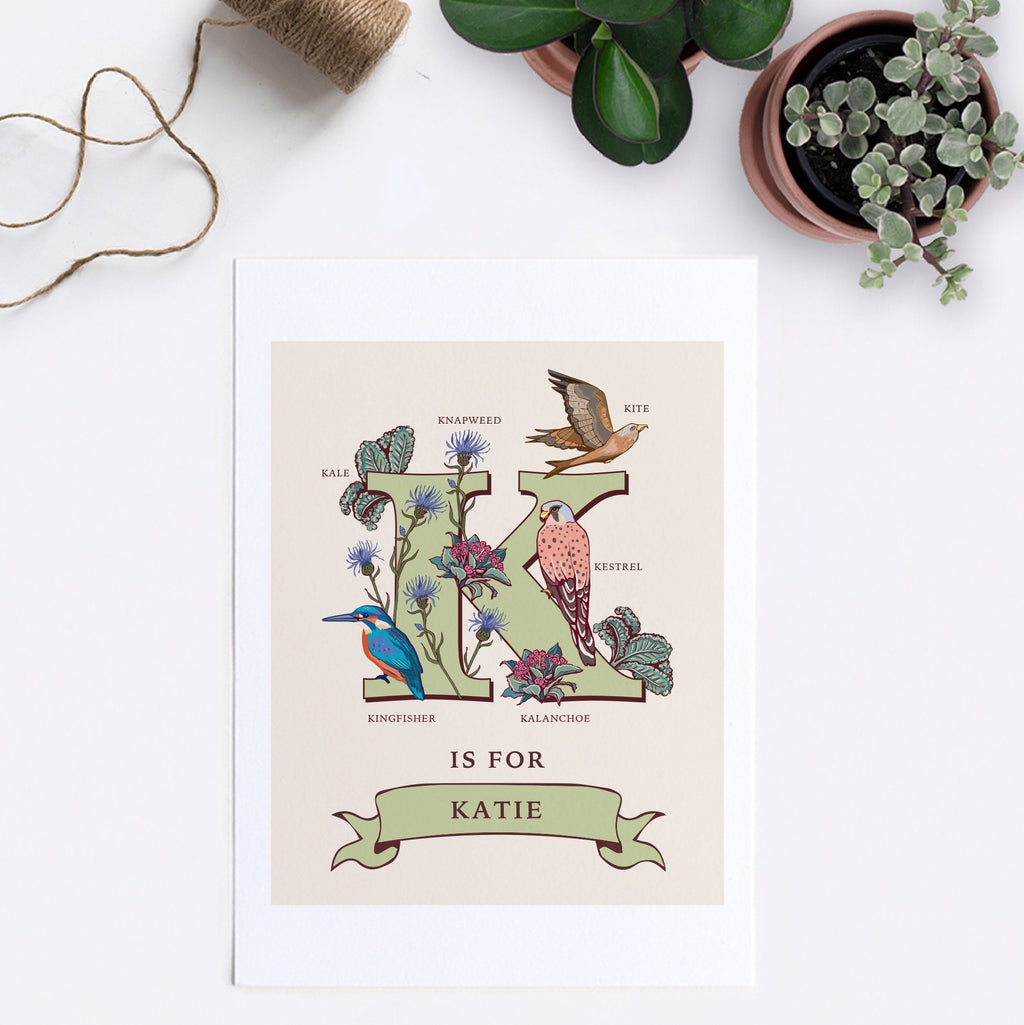 K - Personalised Letter K Print, Initial K Wall Art, Nature Guide Monogram Illustration