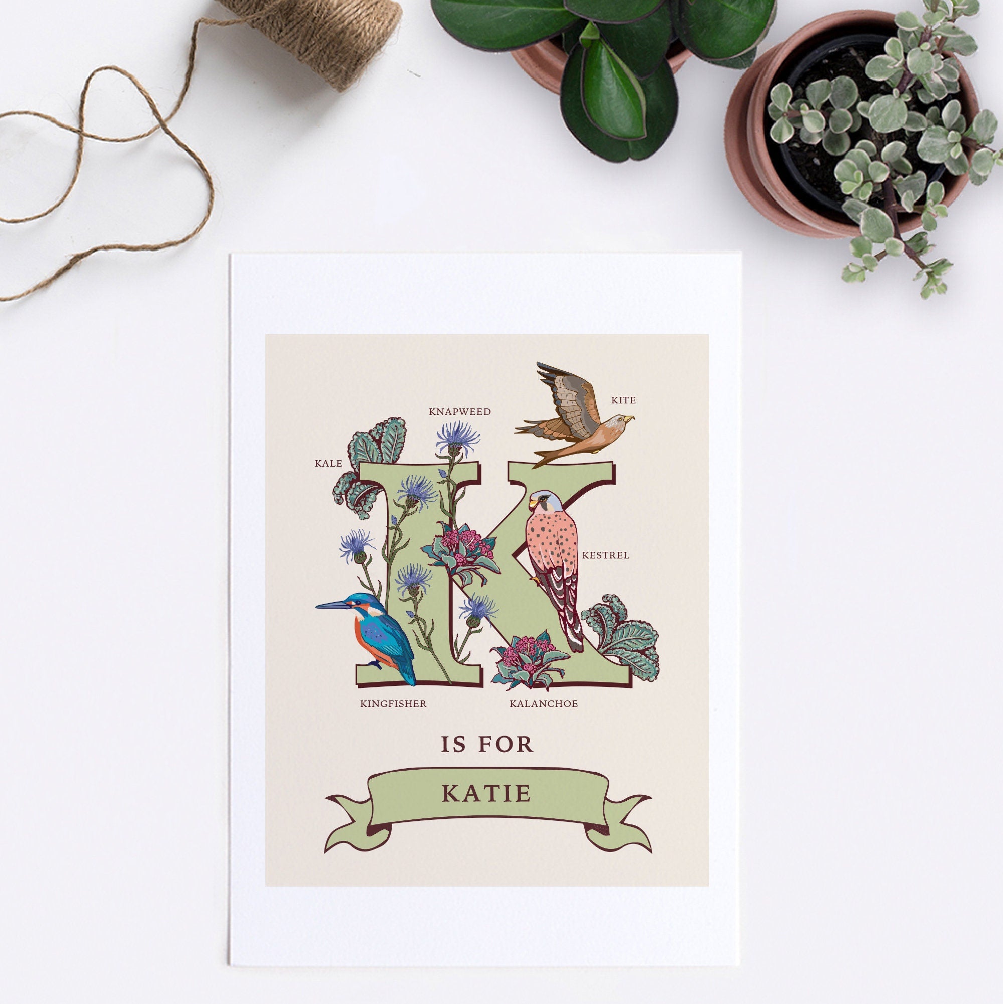 K - Personalised Letter K Print, Initial K Wall Art, Nature Guide Monogram Illustration