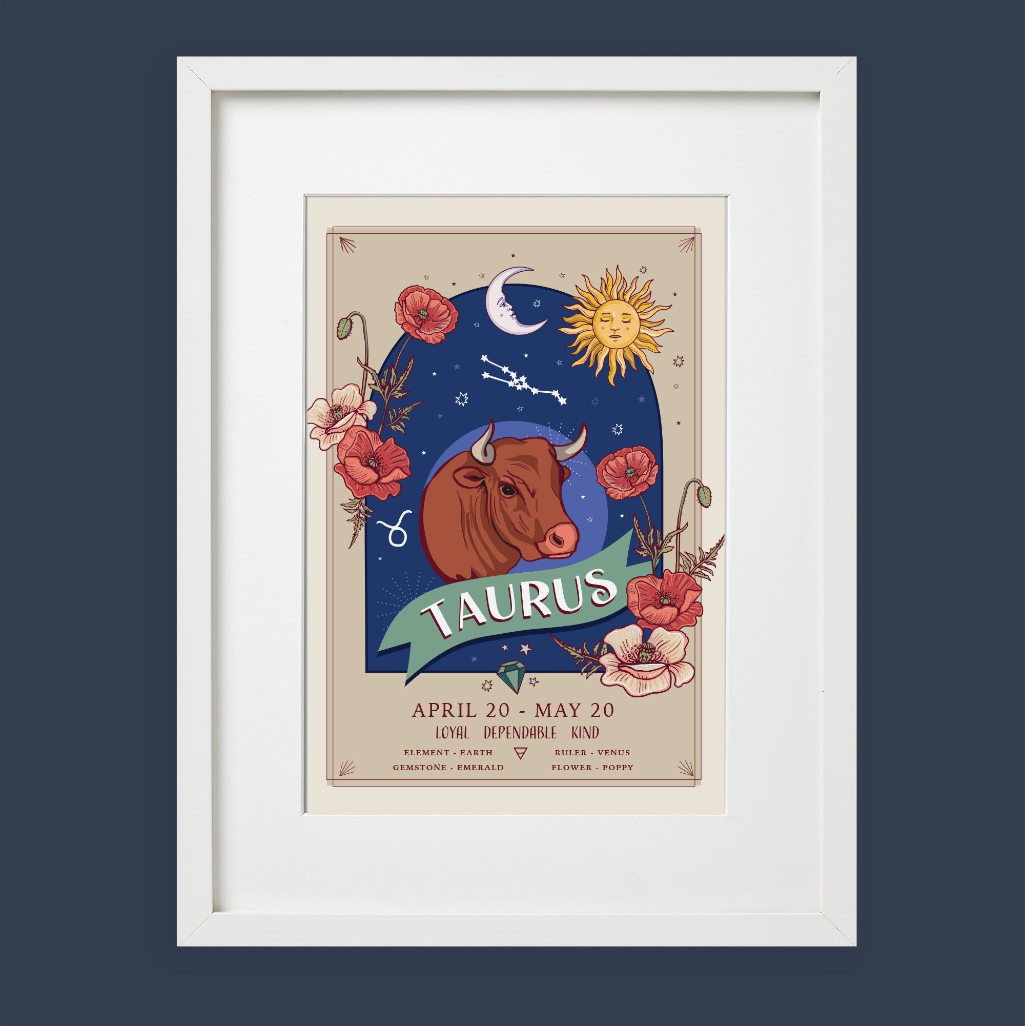 Taurus Wall Art Print, Zodiac Sign and Flowers Illustration Print