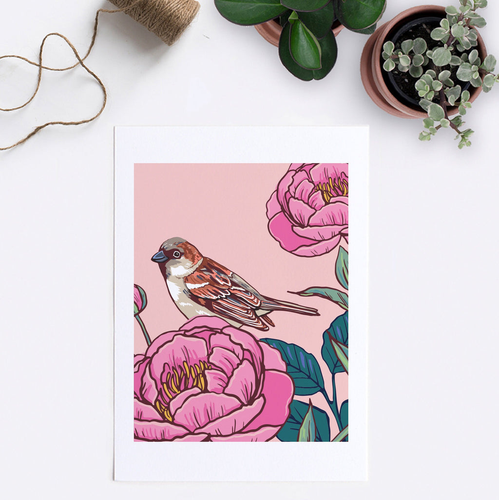 House Sparrow and Peonies Wall Art Print
