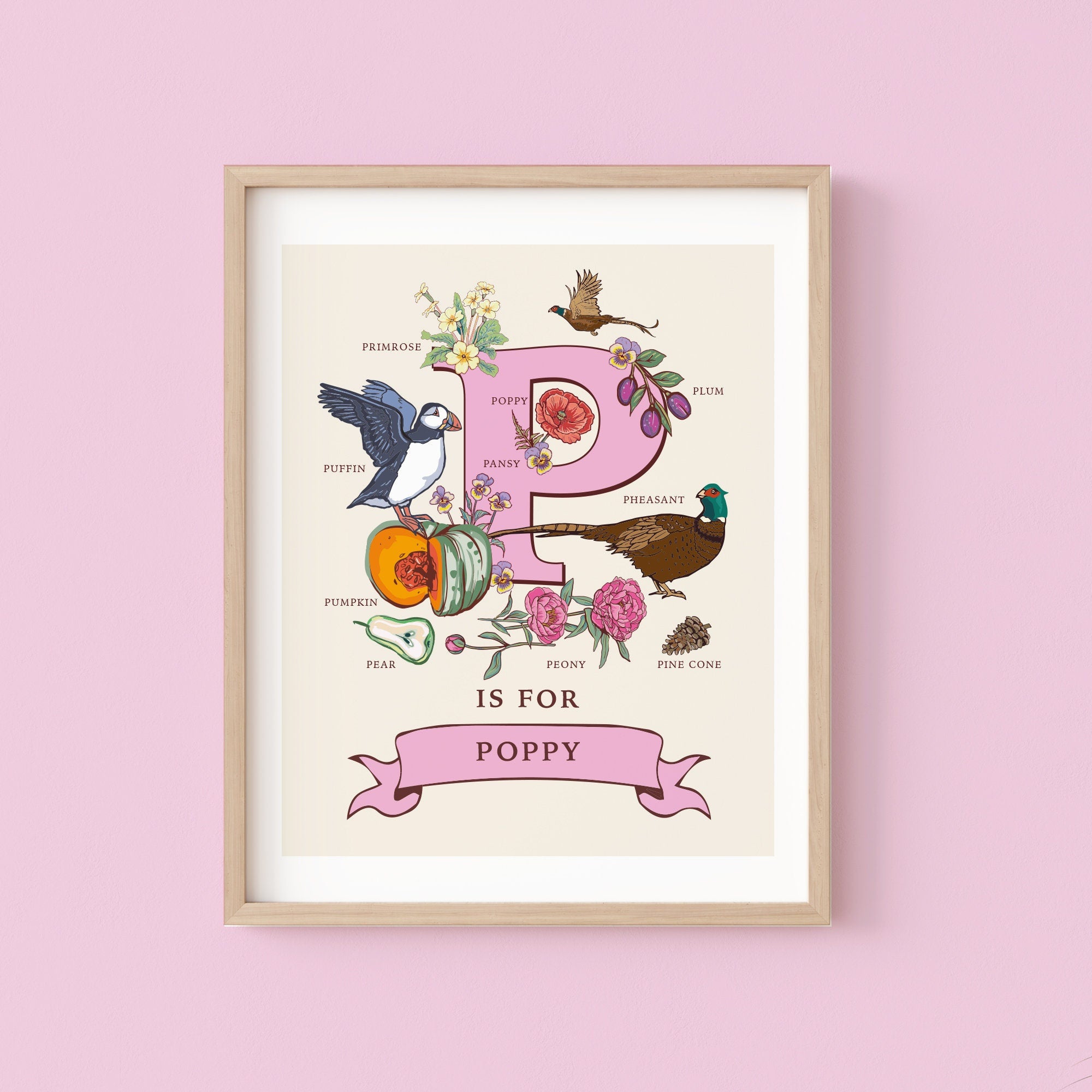 P - Personalised Letter P Print, Initial P Wall Art, Nature Guide Monogram Illustration