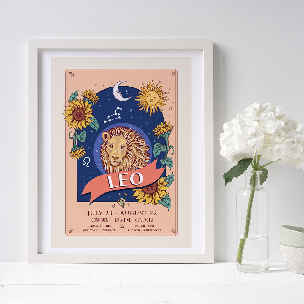 Leo Wall Art Print, Zodiac Sign and Flowers Illustration Print