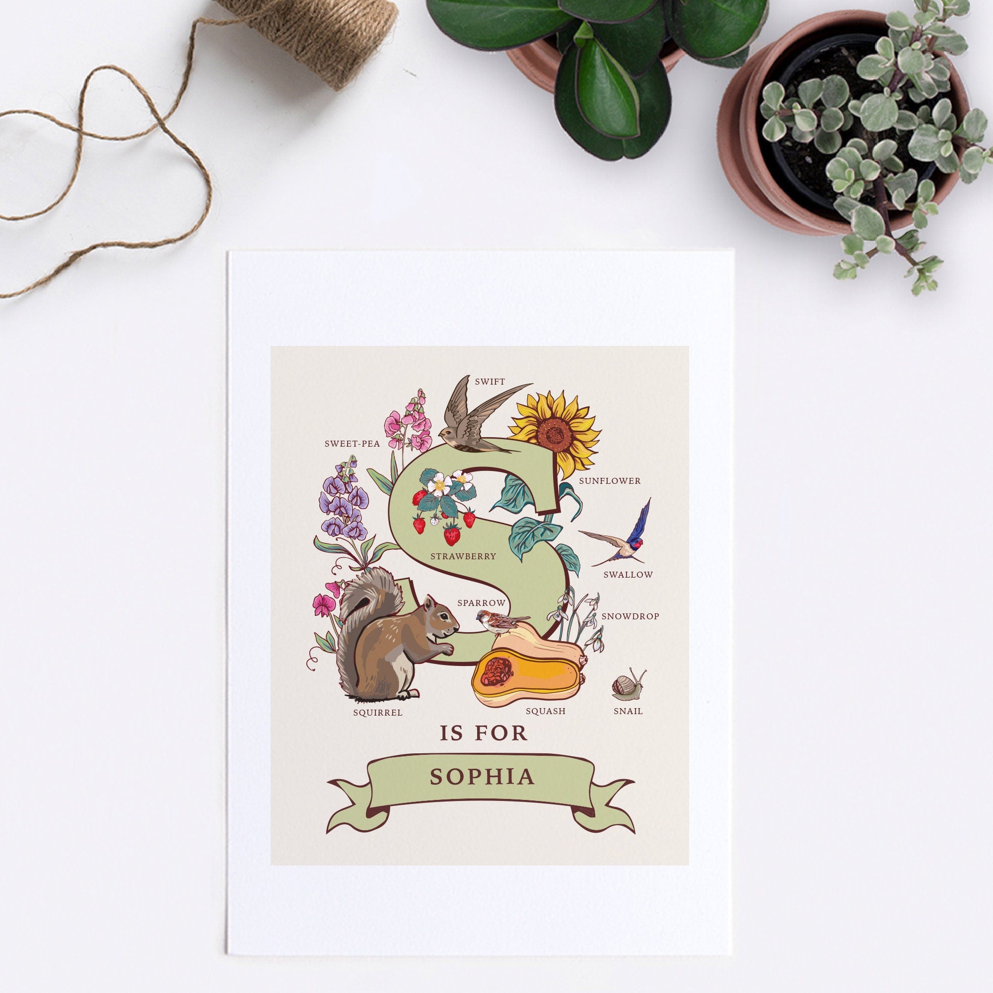 S - Personalised Letter S Print, Initial S Wall Art, Nature Guide Monogram Illustration