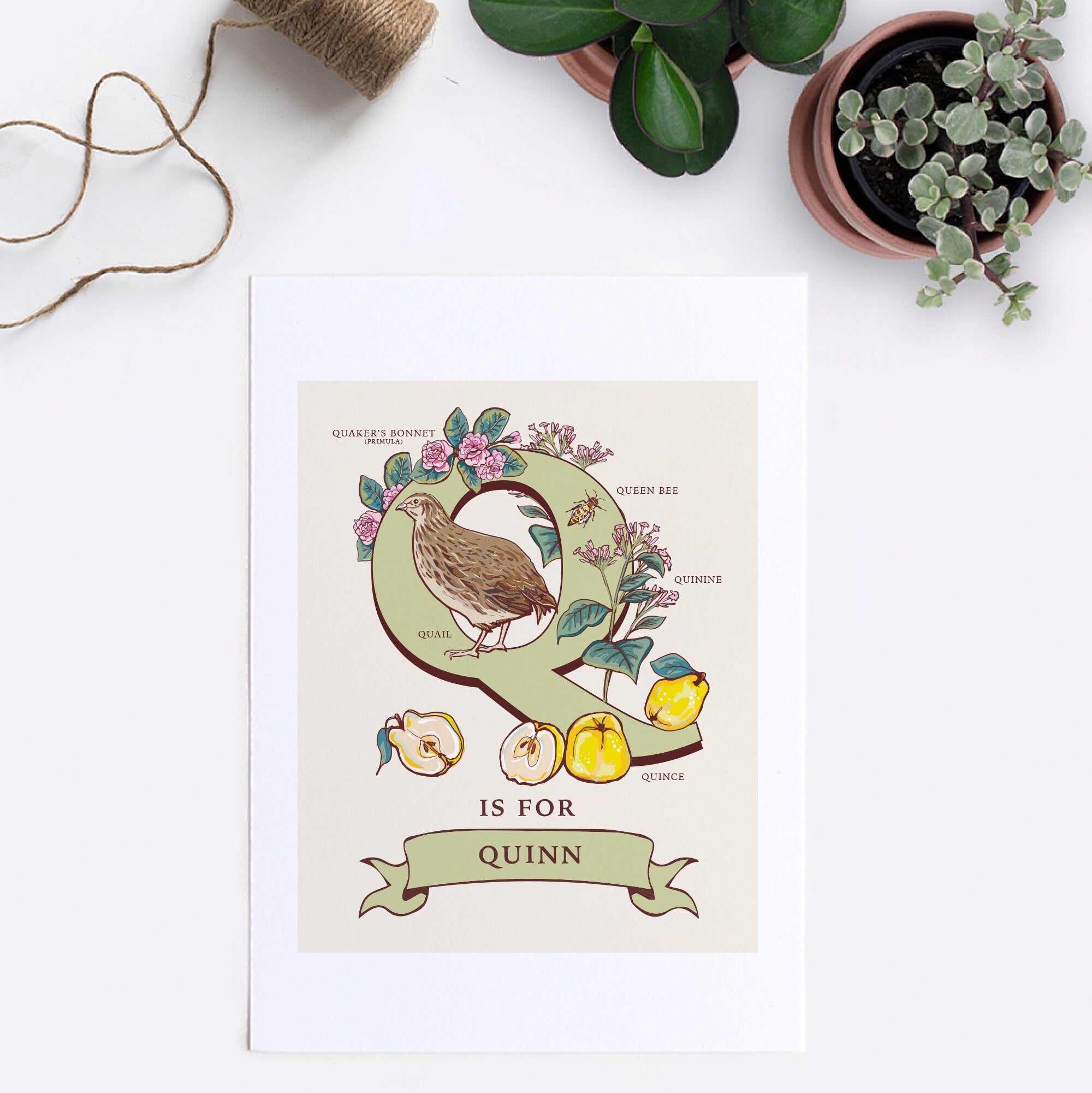 Q - Personalised Letter Q Print, Initial Q Wall Art, Nature Guide Monogram Illustration