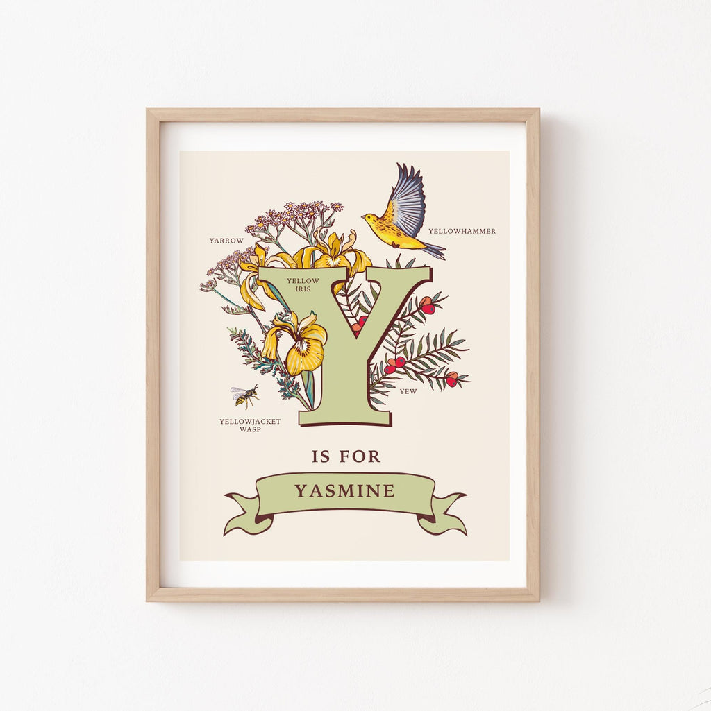 Y - Personalised Letter Y Print, Initial Y Wall Art, Nature Guide Monogram Illustration