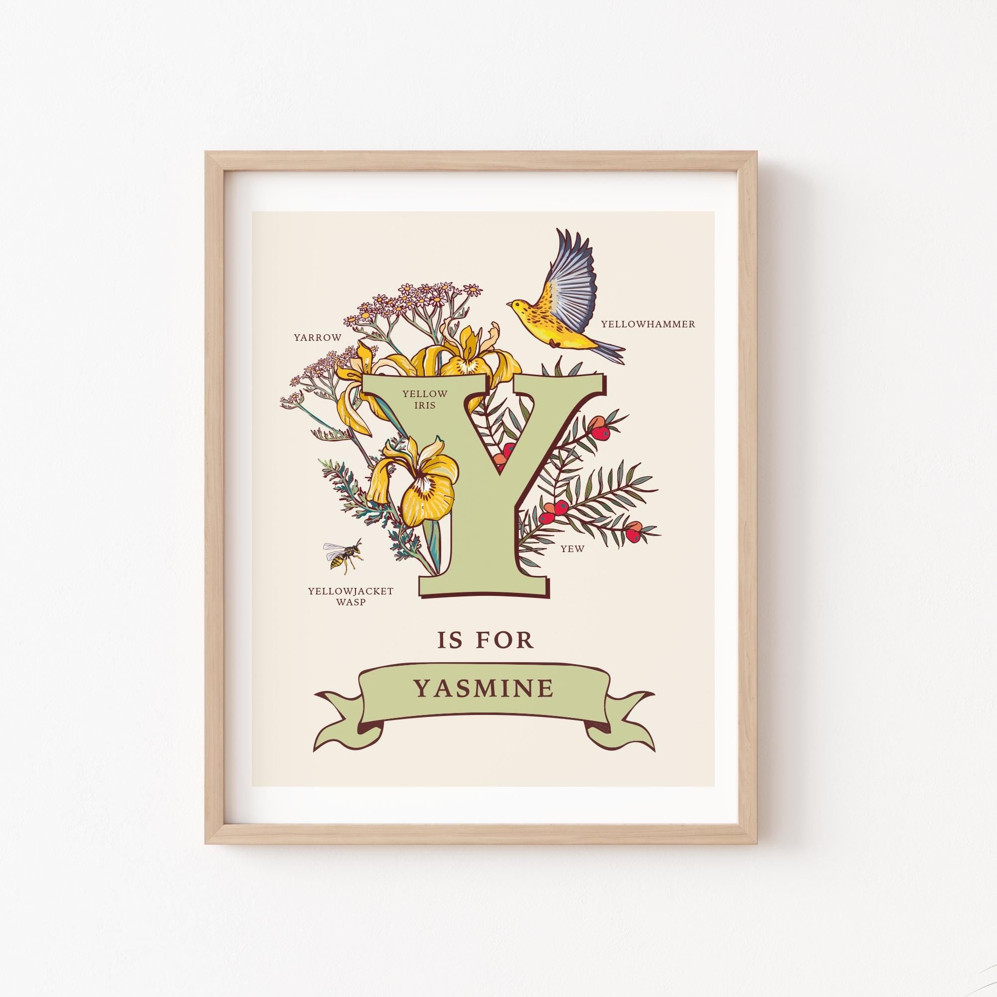 Y - Personalised Letter Y Print, Initial Y Wall Art, Nature Guide Monogram Illustration