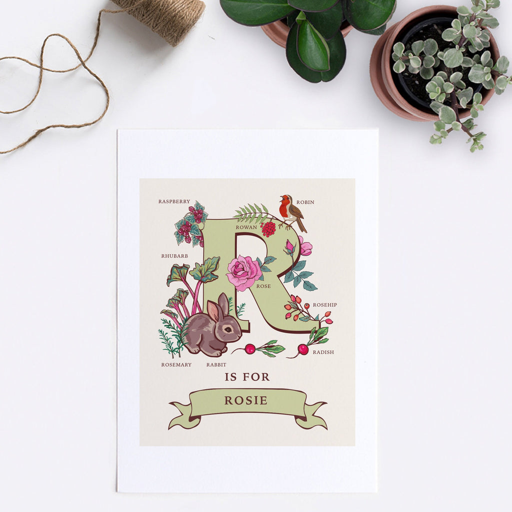 R - Personalised Letter R Print, Initial R Wall Art, Nature Guide Monogram Illustration