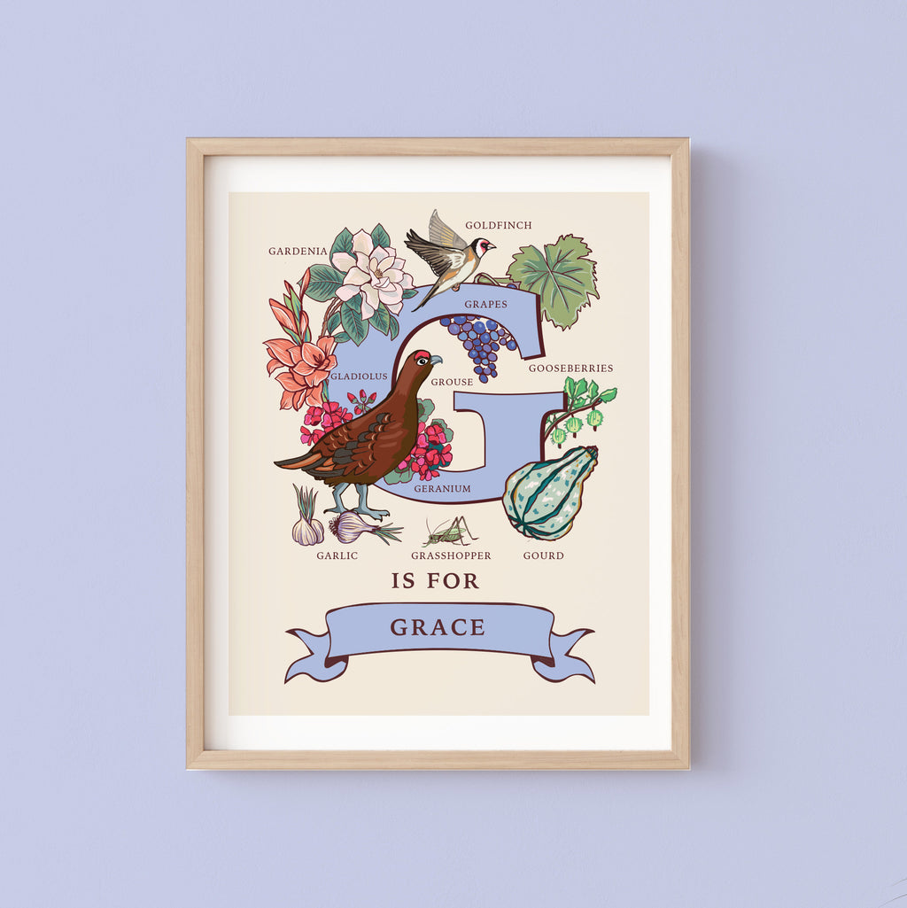 G - Personalised Letter G Print, Initial G Wall Art, Nature Guide Monogram Illustration