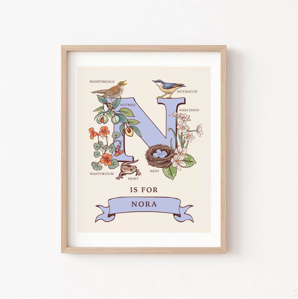 N - Personalised Letter N Print, Initial N Wall Art, Nature Guide Monogram Illustration