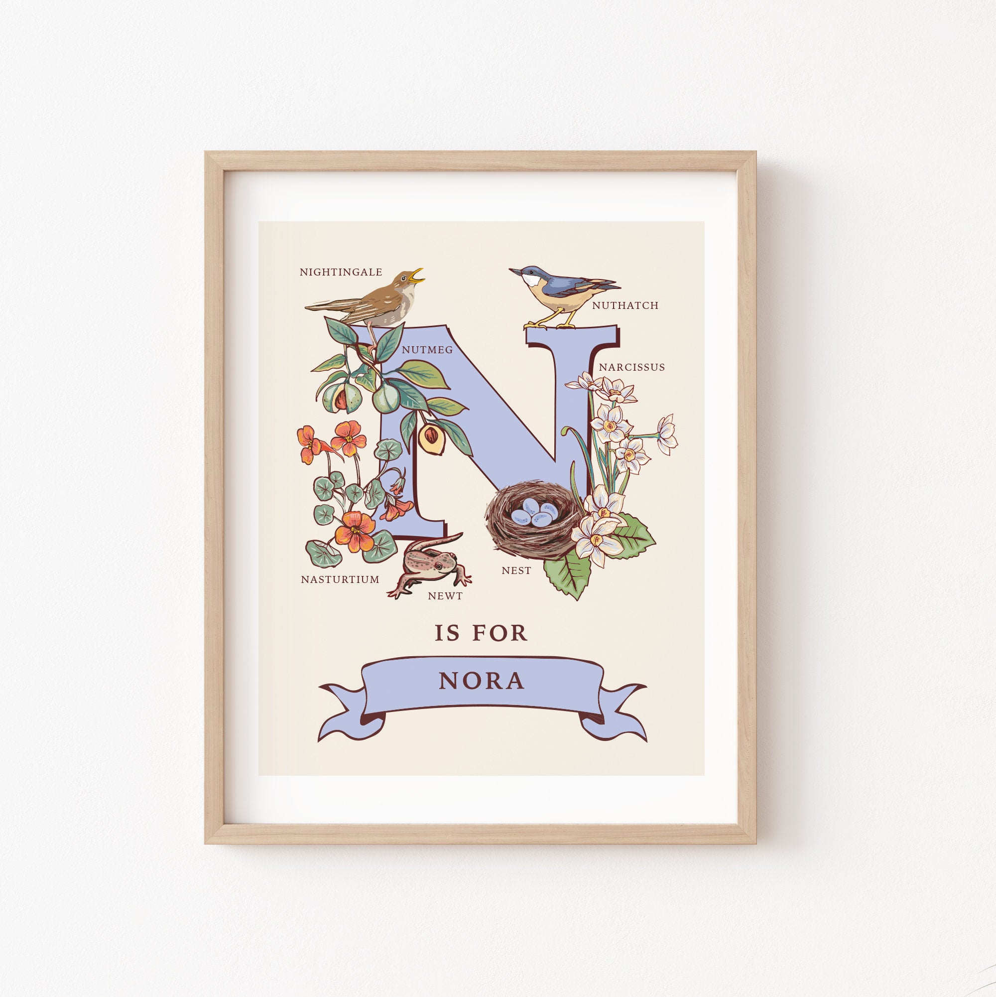N - Personalised Letter N Print, Initial N Wall Art, Nature Guide Monogram Illustration