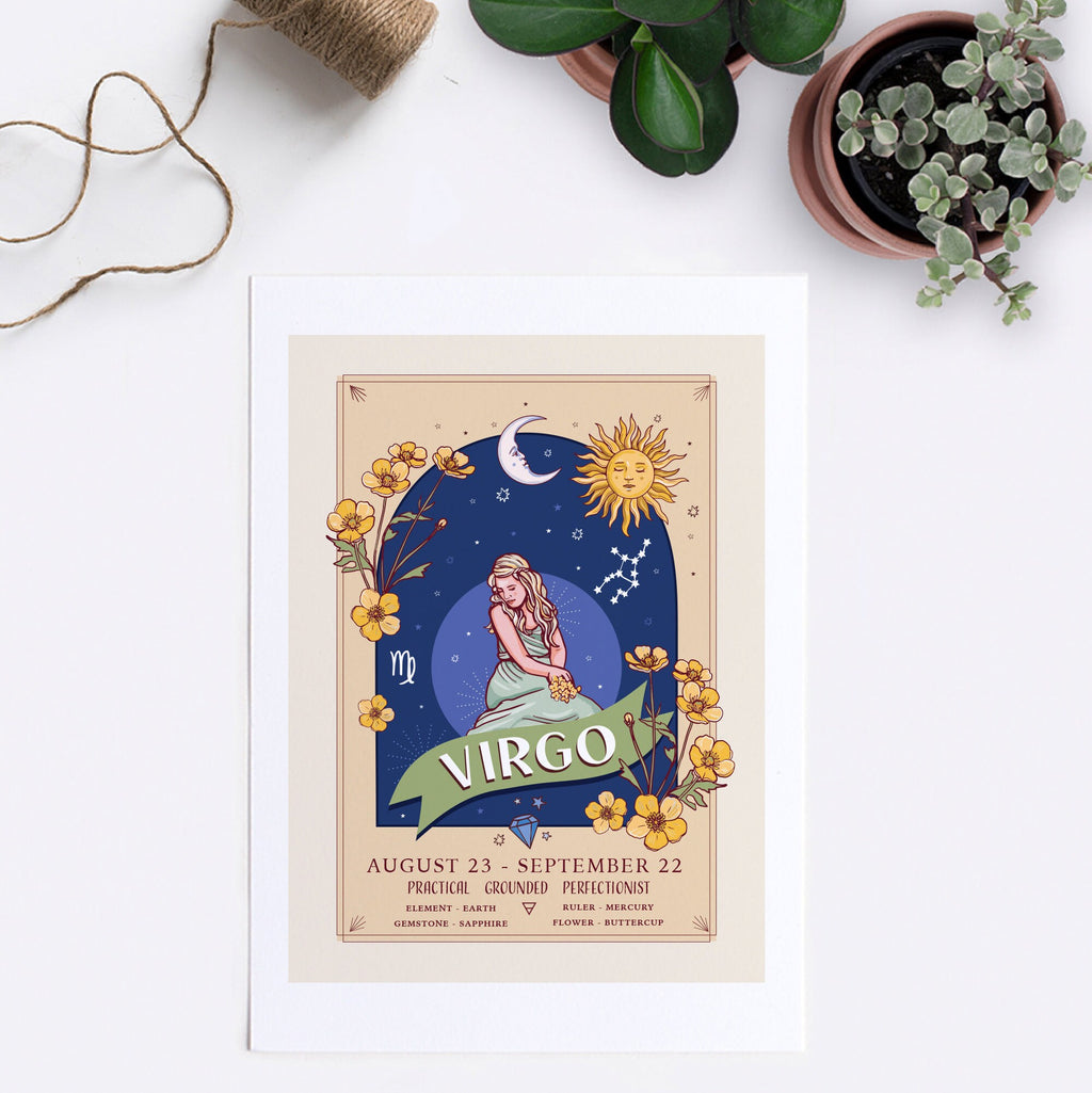 Virgo Wall Art Print, Zodiac Sign and Flowers Illustration Print