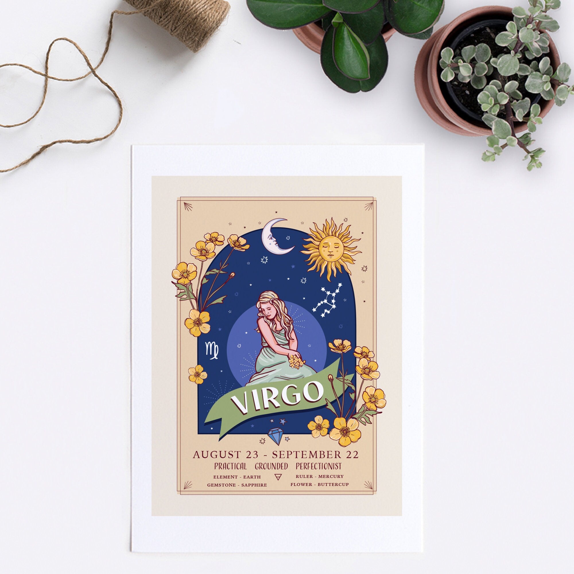 Virgo Wall Art Print, Zodiac Sign and Flowers Illustration Print