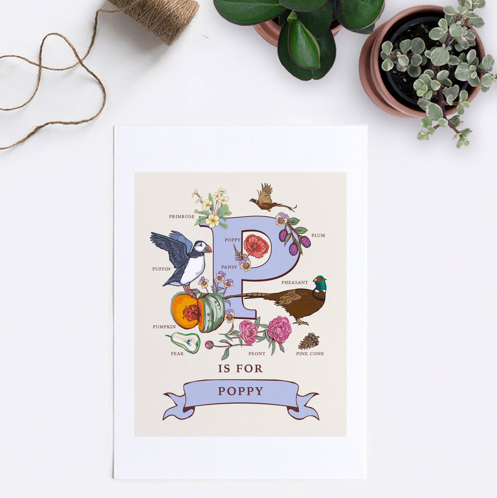 P - Personalised Letter P Print, Initial P Wall Art, Nature Guide Monogram Illustration