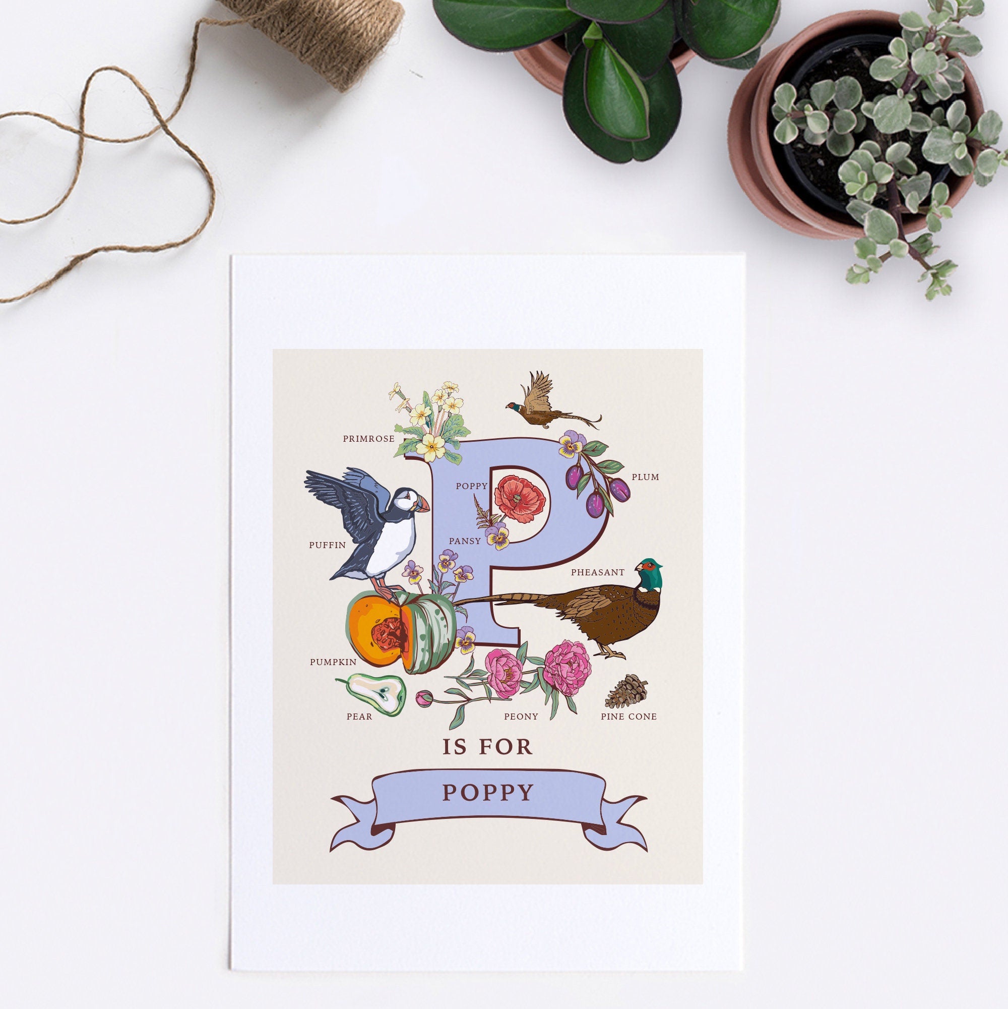 P - Personalised Letter P Print, Initial P Wall Art, Nature Guide Monogram Illustration