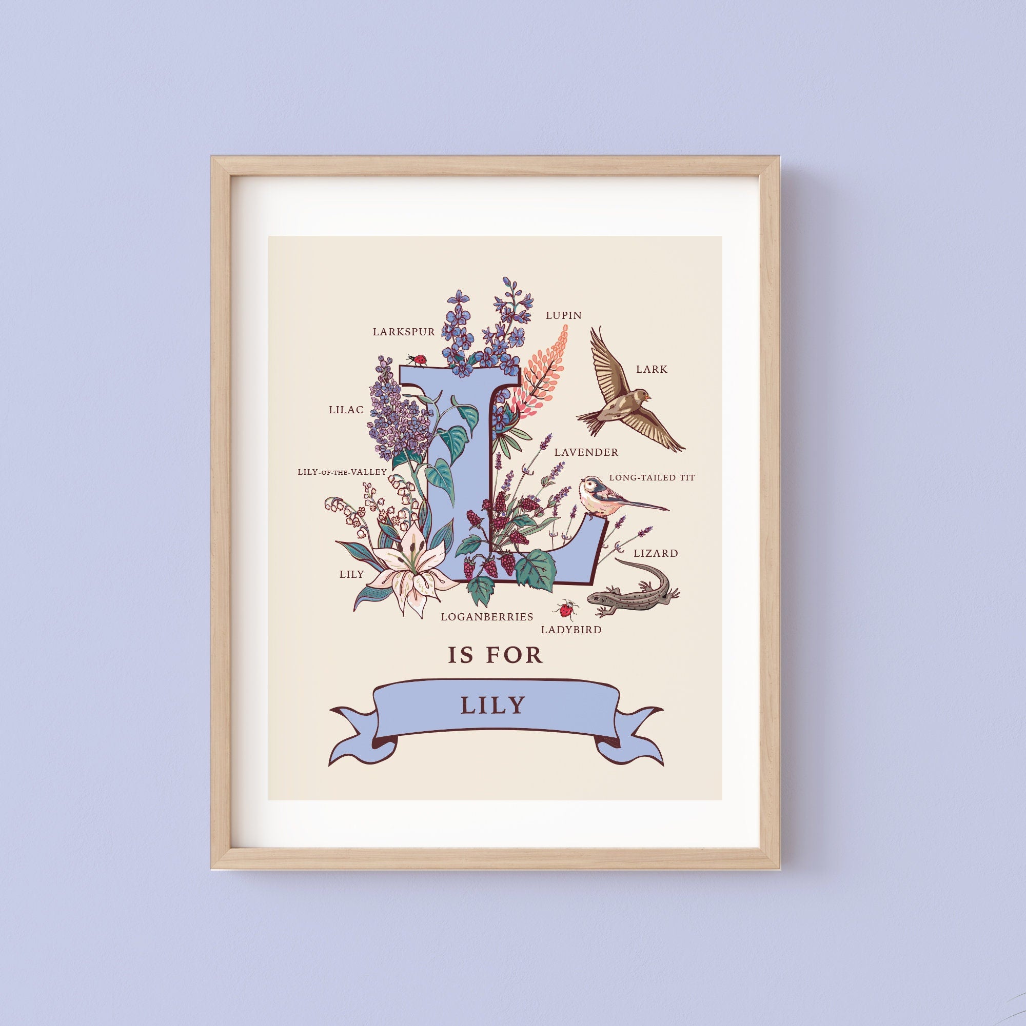L- Personalised Letter L Print, Initial L Wall Art, Nature Guide Monogram Illustration
