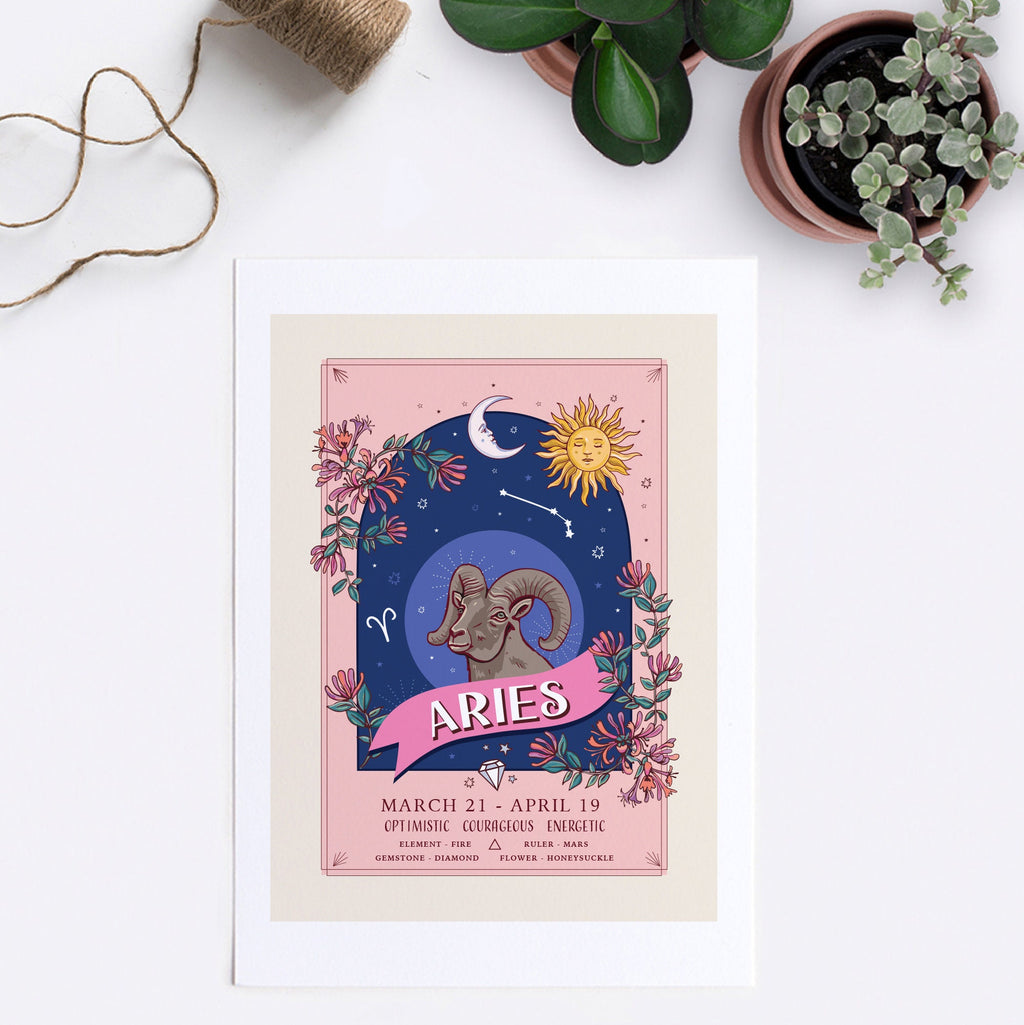 Aries Wall Art Print, Zodiac Sign and Flowers Illustration Print
