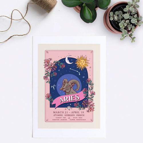 Aries Wall Art Print, Zodiac Sign and Flowers Illustration Print
