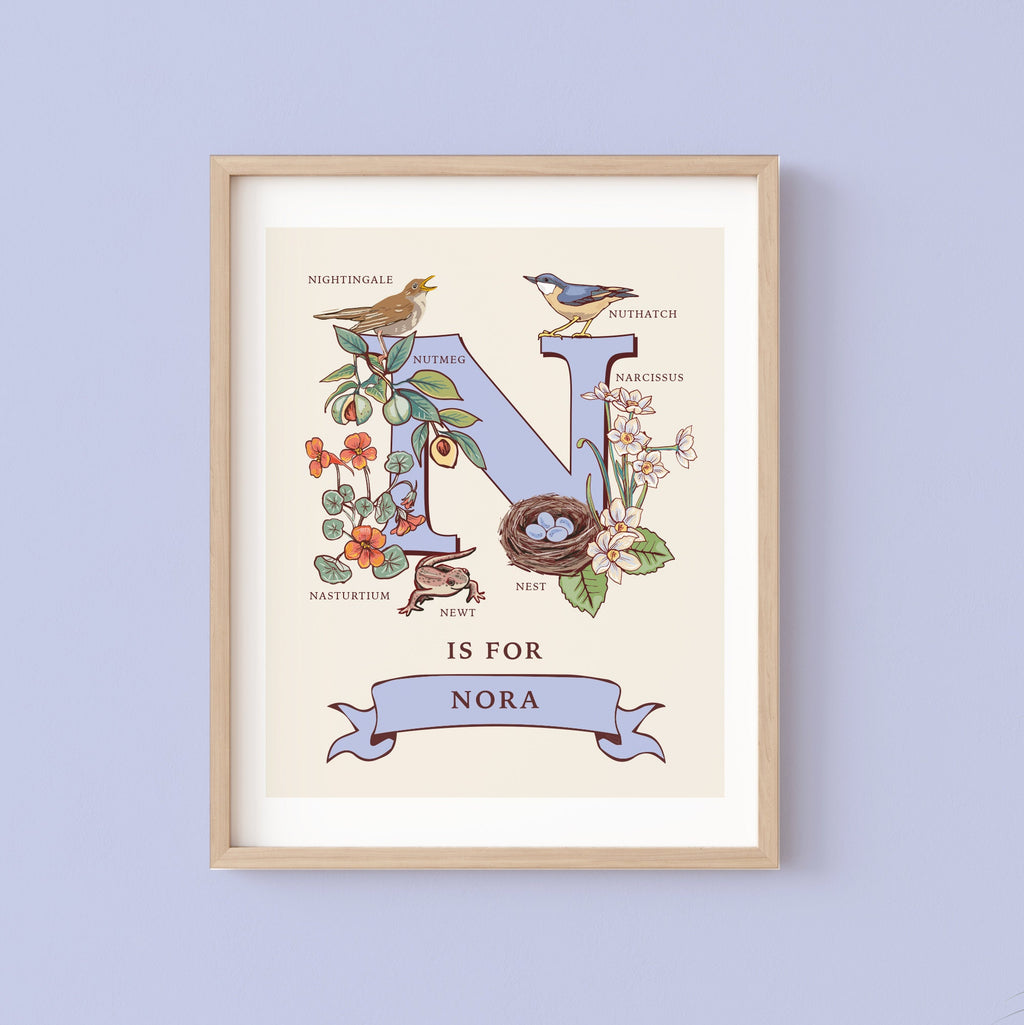 N - Personalised Letter N Print, Initial N Wall Art, Nature Guide Monogram Illustration