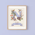 N - Personalised Letter N Print, Initial N Wall Art, Nature Guide Monogram Illustration