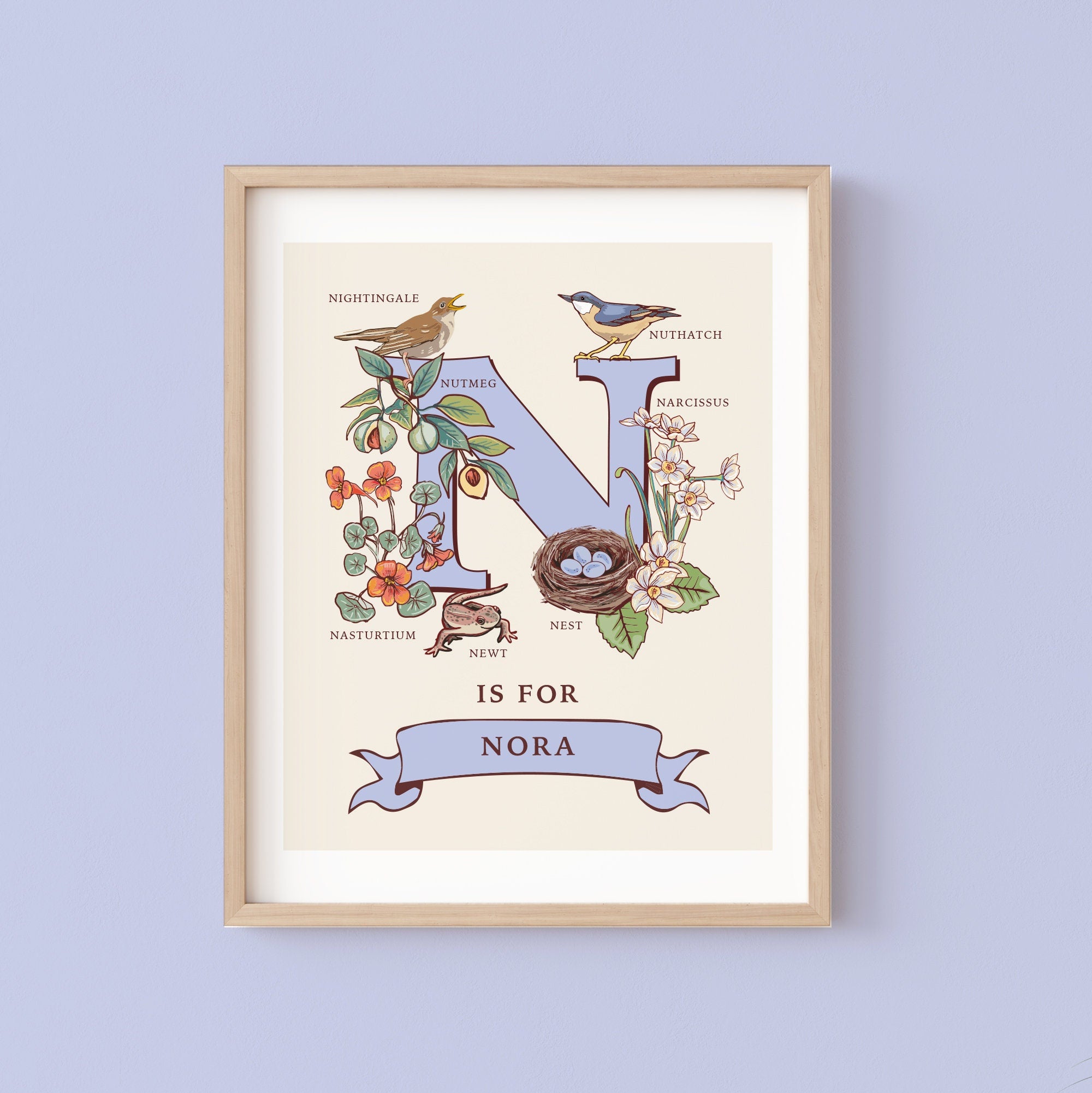 N - Personalised Letter N Print, Initial N Wall Art, Nature Guide Monogram Illustration