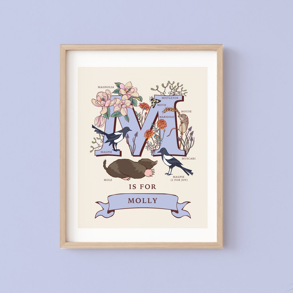 M - Personalised Letter M Print, Initial M Wall Art, Nature Guide Monogram Illustration