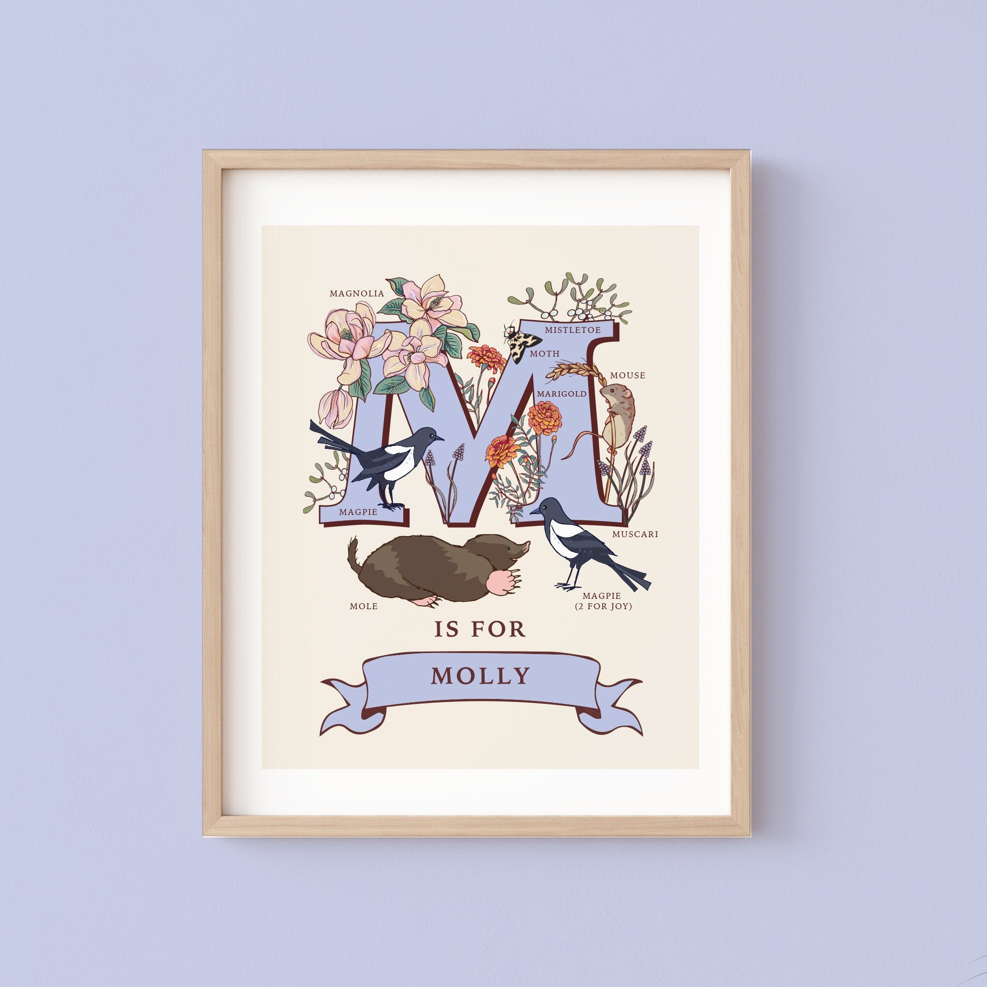 M - Personalised Letter M Print, Initial M Wall Art, Nature Guide Monogram Illustration
