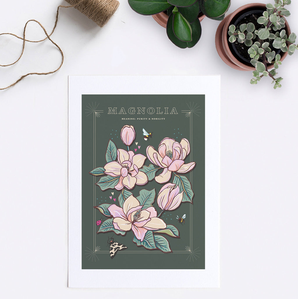 Magnolia Wall Art Print, Meaning of Flowers Illustration Print