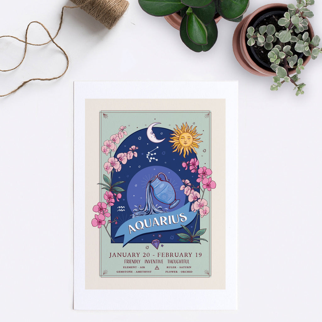 Aquarius Wall Art Print, Zodiac Sign and Flowers Illustration Print