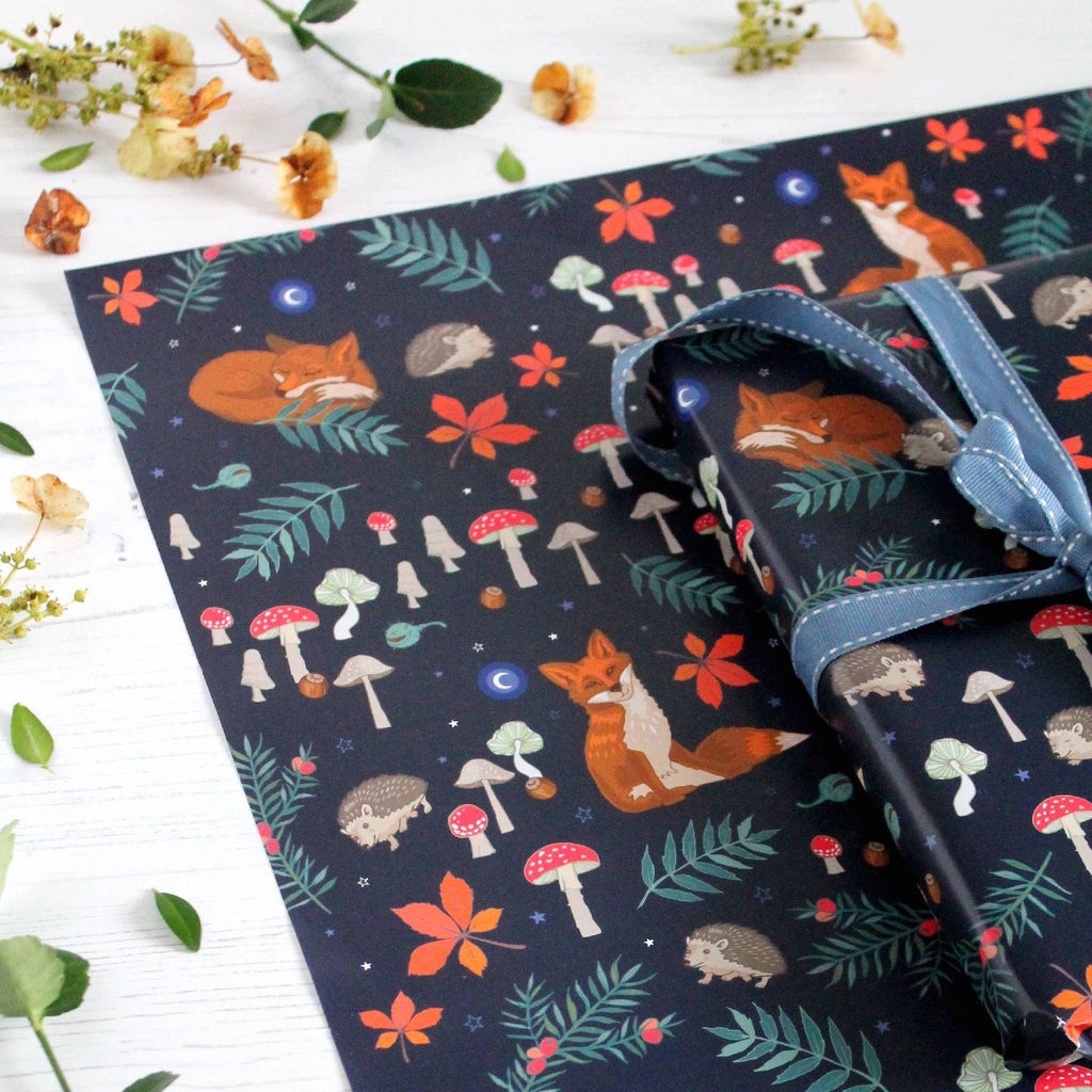 Fox and Hedgehog Gift Wrap: Woodland Animals, Toadstools, Night Sky