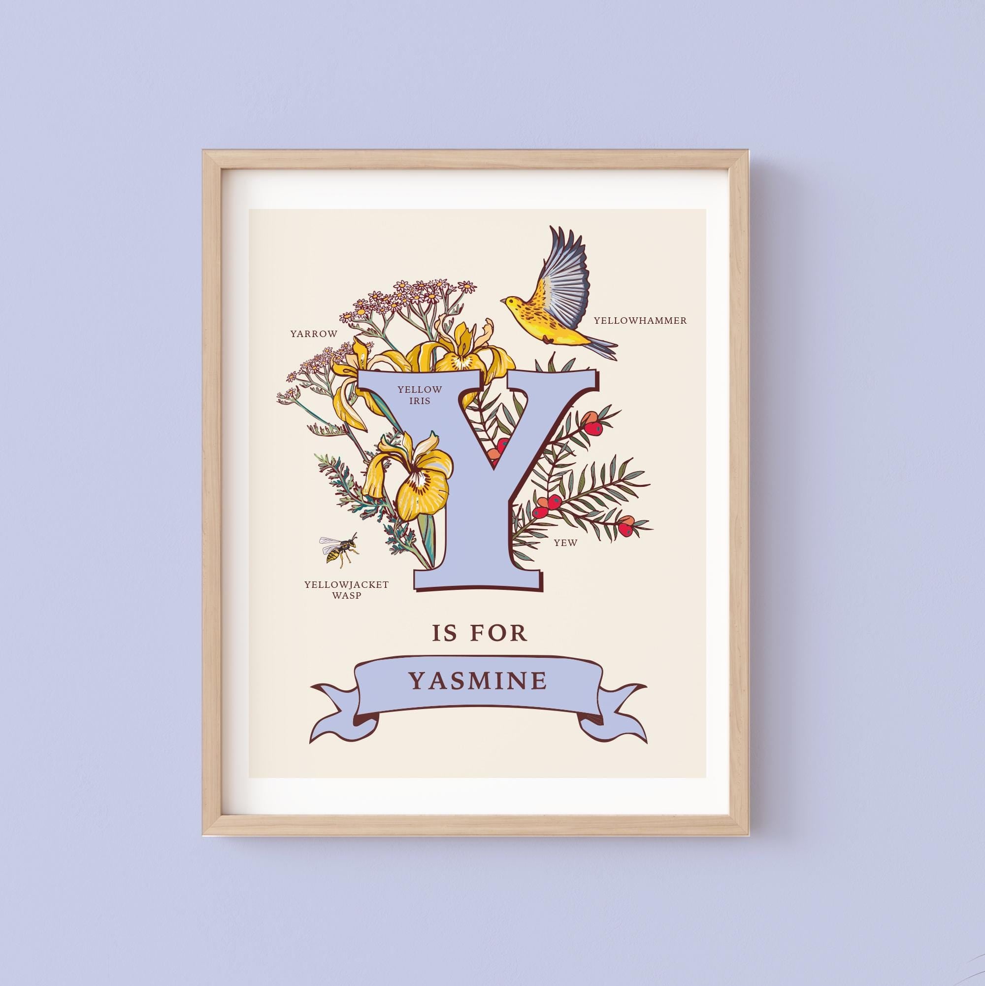 Y - Personalised Letter Y Print, Initial Y Wall Art, Nature Guide Monogram Illustration
