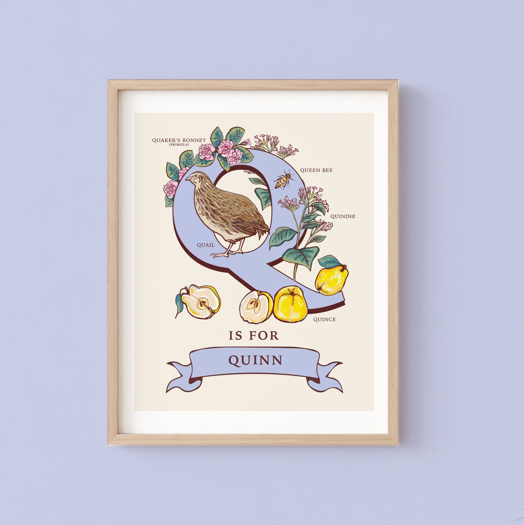 Q - Personalised Letter Q Print, Initial Q Wall Art, Nature Guide Monogram Illustration