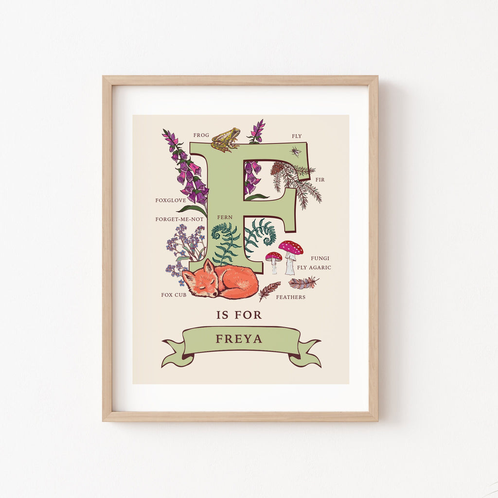 Personalised Monogram Initial Letter F, Nature Guide Wall Art Print