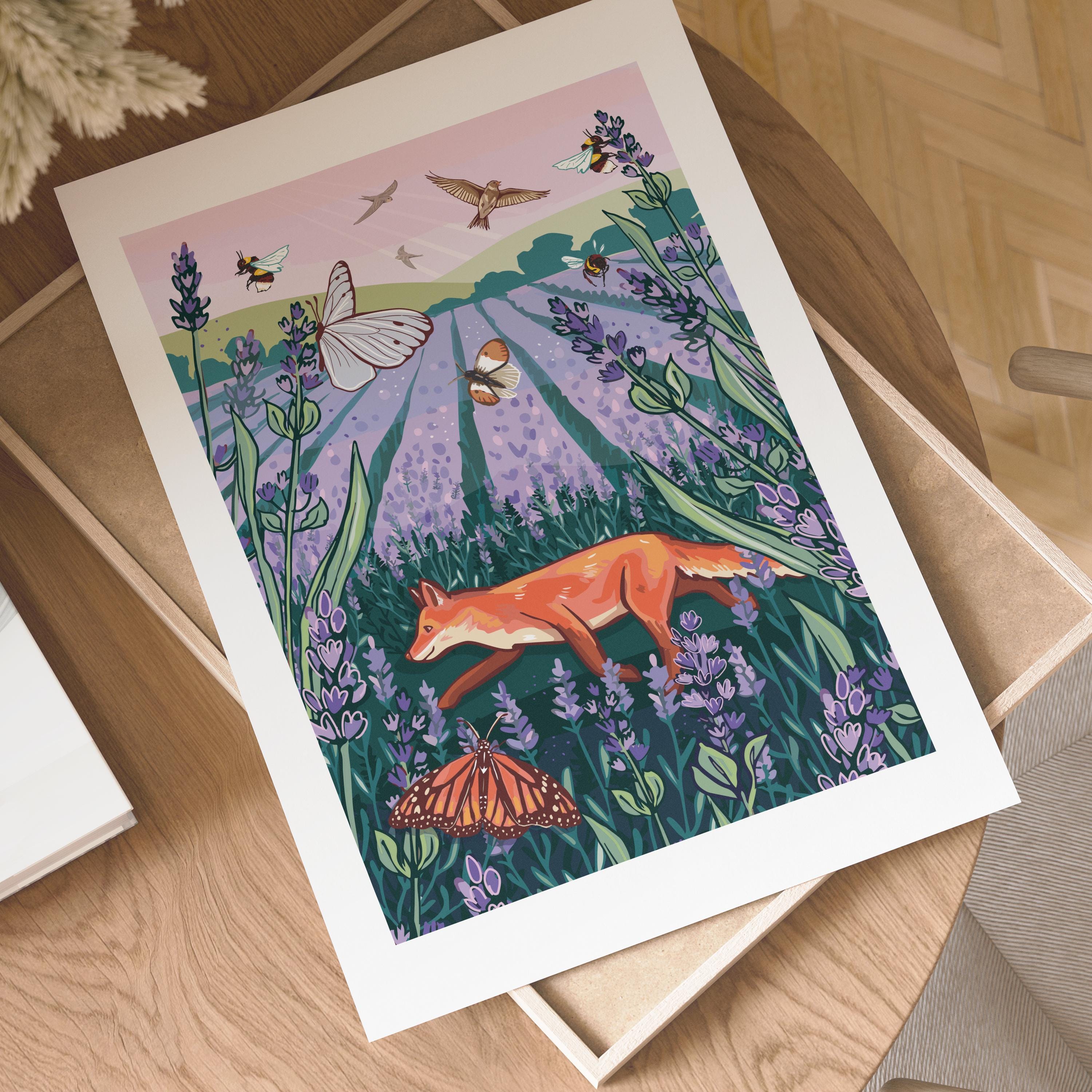 Fox in a Lavender Field Hand-Drawn Wall Art Print