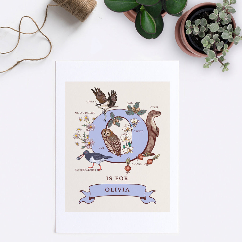 O - Personalised Letter O Print, Initial O Wall Art, Nature Guide Monogram Illustration