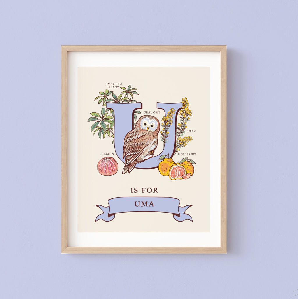 U - Personalised Letter U Print, Initial U Wall Art, Nature Guide Monogram Illustration