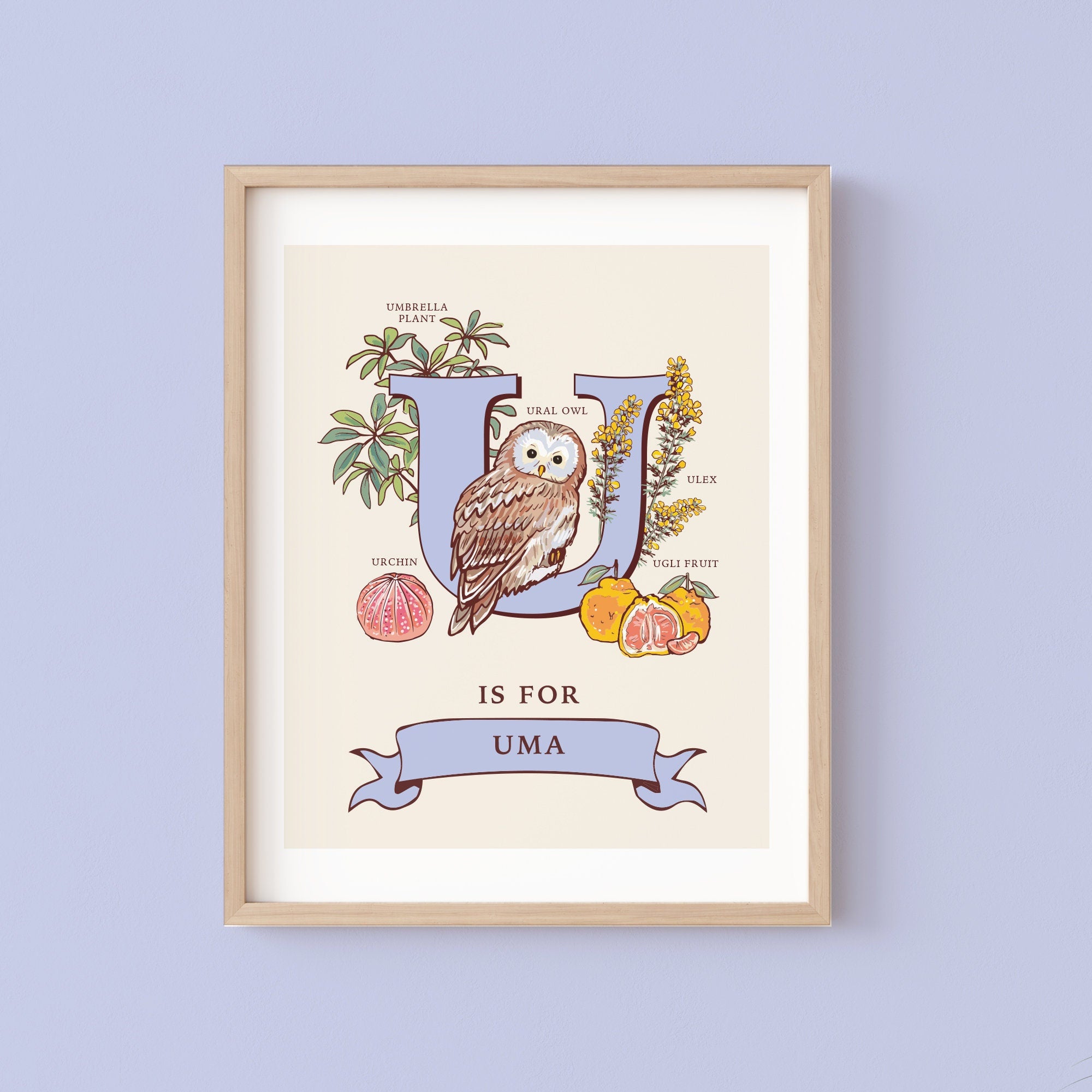 U - Personalised Letter U Print, Initial U Wall Art, Nature Guide Monogram Illustration