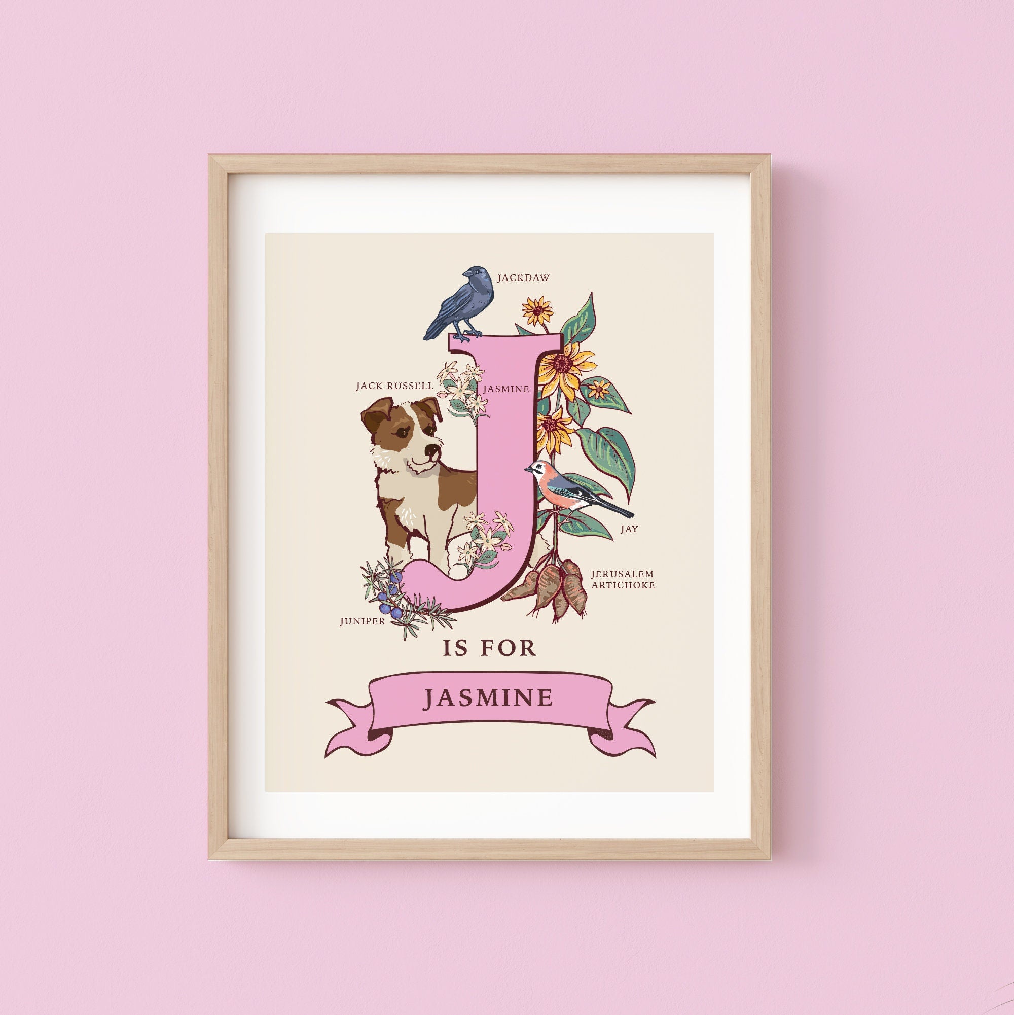 J - Personalised Letter J Print, Initial J Wall Art, Nature Guide Monogram Illustration